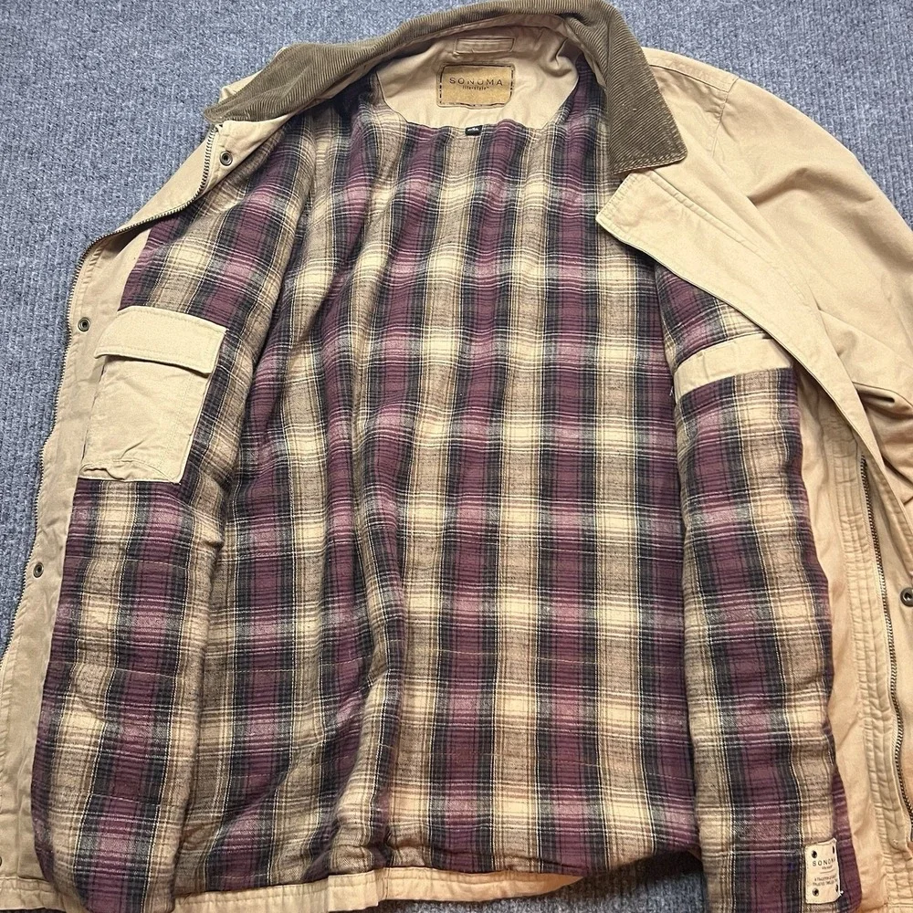 Sonoma Jacket Mens XL Canvas Barn Chore Coat Corduroy Collar Flannel Field Plaid